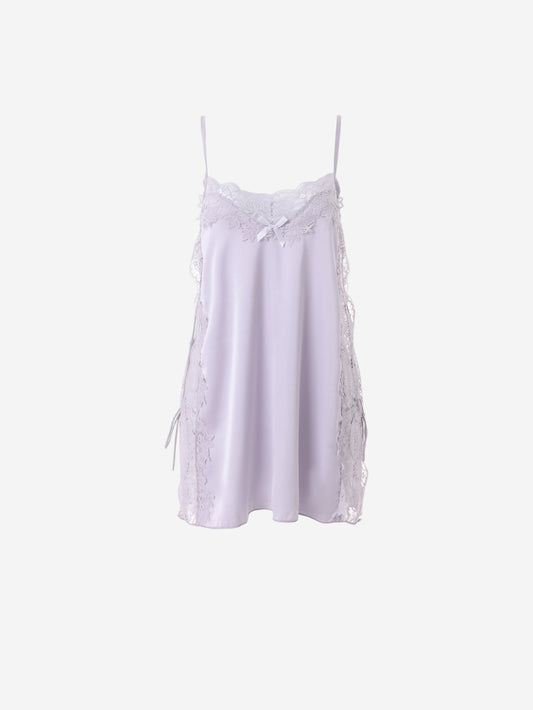 Lavender violet silky tencel slip dress with lace side panels and bow detail.